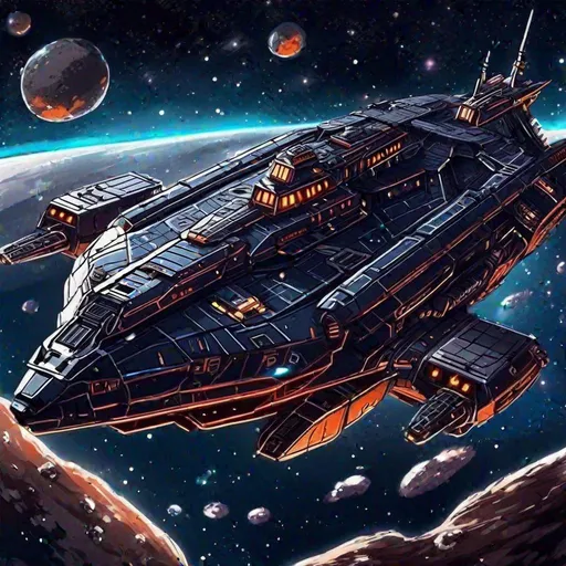 Prompt: A scifi wwii frigate ship in space. Background is an asteroids field. Rpg art. Anime art. Detailed. 2d art. 2d