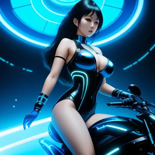 Prompt: A Japanese woman, attractive, 23 years old, living in a Tron legacy world, glowing blue and black skimpy outfit. Riding a light cycle, ultra realistic, Huge cleavage, athletic body, Highly detailed photo realistic digital artwork. High definition. Face by Tom Bagshaw and art by Sakimichan, Android Jones" and tom bagshaw, BiggalsOctane render, volumetric lighting, shadow effect, insanely detailed and intricate, photorealistic, highly detailed, artstation by WLOP, by artgerm