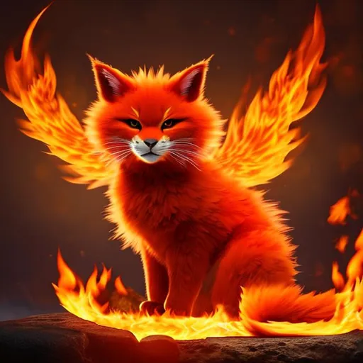 Prompt: Cute, red, fiery fur, fire cat, possessing the element of fire and making circles of fire and flame move around in the air in a magical way. Perfect features, extremely detailed, realistic, complimentary colors