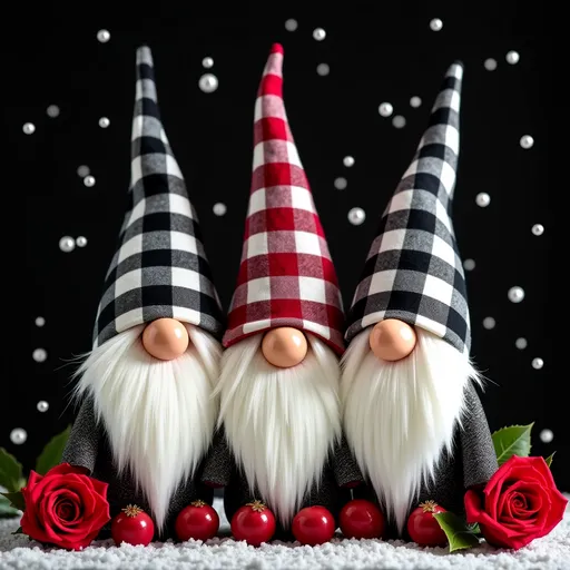 Prompt: Three adorable little gnomes in black and white striped, plaid-patterned hats stand together against a black background with snowflakes gently falling around them. Red roses and black glitter accents add a festive touch to this Christmas-themed, hyper-realistic scene, rich in detail and high quality.