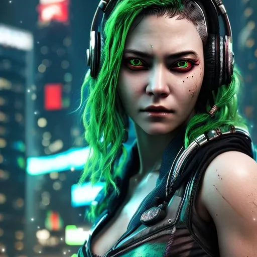 Prompt: hyper realistic extremely detailed very close up cyberpunk woman.
She has green hair, headphones, red eyes, black skin
