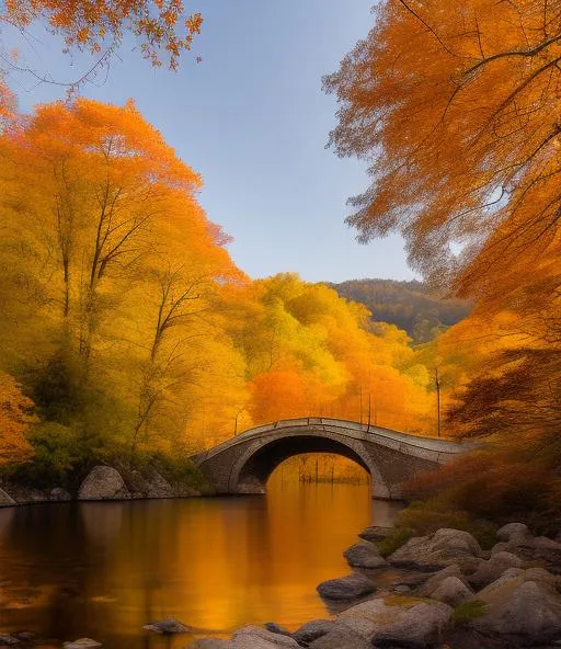 Prompt: Landscape Photograph of a beautiful suspension bridge at sunset, multiple fall color leaves on the trees only, soft side lighting, realistic, around a river 