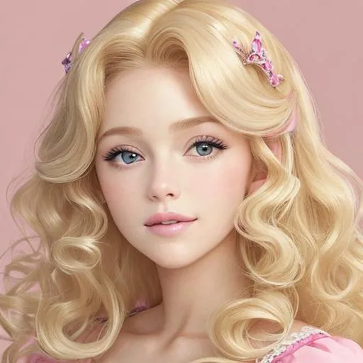 Prompt:  princess wearing pink, curled hair at sides of face,blonde hair, facial closeup