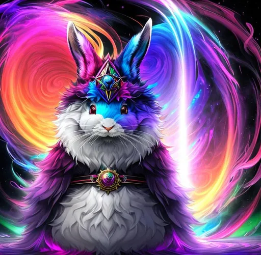 Prompt: beautiful swirl dark chaos vivid bold, 3D, HD, [{one}({liquid fluffy!!! {man}rabbit dressed as Wizard with {Red Blue green dark-purple}plasma)[::2, expansive psychedelic background --s99500 