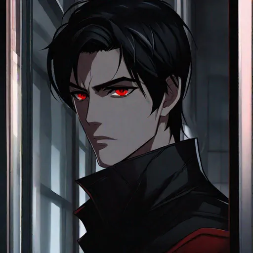 Prompt: Damien (male, short black hair, red eyes) staring out the window, stalking, sadistic look on his face