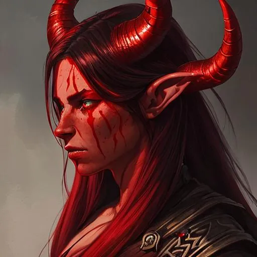 Prompt: a portrait of a tiefling rogue, with red skin, with long hair and two horns, dark ambient, d & d fantasy, ambient light, highly detailed, black and red scheme, art by artgem and greg rutkowski