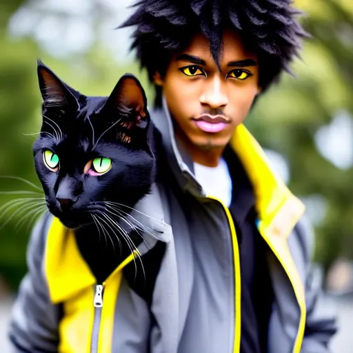 Prompt: Black skin, cat boy, neko, wearing a gray jacket, with yellow eyes, black hair, anime