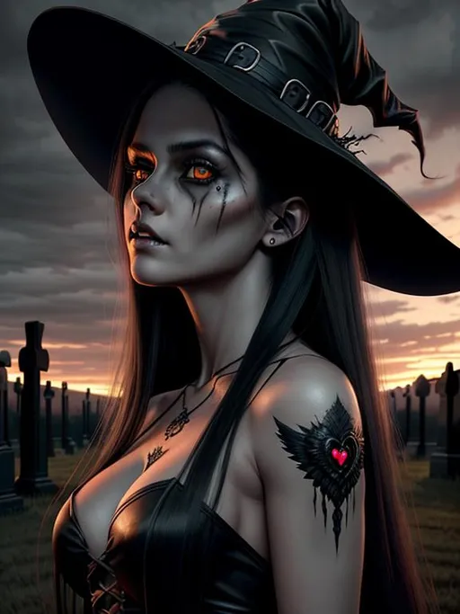 Prompt: Horror, twisted, scary, ominous, cinematic, 3D, HD, Beautiful!! {female}Witch, detailed gorgeous face, Beautiful big {heart-shaped}reflective eyes, long flowing hair, expansive cemetery background, sunset, ultra detailed full body artistic photography, detailed rugged Gorgeous detailed face, shadows, oil on canvas, brush strokes, ultra sharp focus, ominous, matte painting movie poster, golden ratio, epic, intricate, cinematic character render, hyper realistic, 64K --s98500