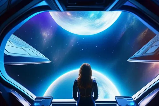 Prompt: Woman looking outside the window from the inside of a spaceship at a nebula; focus on woman, UHD, hyper-realistic, vivid, striking, cinematic lighting, photo-realistic, 8k, sharp focus, intricate details, trending on artstation