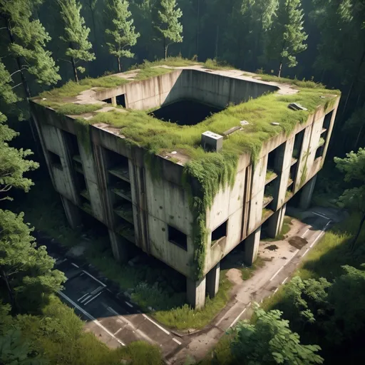 Prompt: Post-apocalyptic, abandoned modern bunker in forest, overgrown road, The Last of Us style, highres, detailed, video game style, desolate, mossy, apocalyptic, post-apocalyptic, detailed environment, atmospheric lighting, gritty, abandoned, professional rendering, seen from distance and above