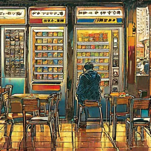 Prompt: vending machine restaurant. osaka, japan. raining. early morning sunlight through the window. one customer. putting money in machine. tables and chairs. more paint brush stylization. larger perspective. zoom out. include more tables and chairs. sunlight through window. Show the interior of the restaurant. More comic book style art. painted. More detail of the vending machines. Jack Kirby inspired art circa 1970's. REALISTIC. PHOTO REALISTIC PAINTED COMIC STYLE. Add cyberpunk elements. neon and dark metal. futuristic meets the old. 