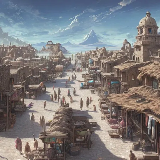 Prompt: fantasy, concept art, bustling town on the shore of a salt flat, many shops, surrounded by ruins