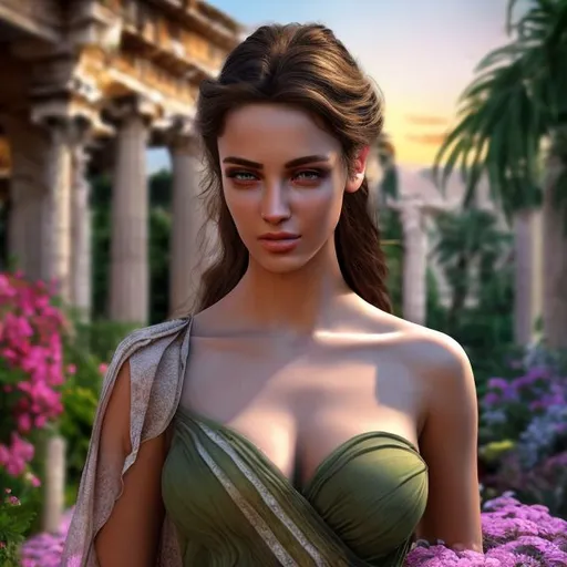 Prompt: HD 4k 3D professional modeling photo hyper realistic beautiful enchanting greek goddess woman dark brunette hair ponytail olive skin hazel eyes gorgeous face pink grecian dress magical greek garden floral landscape hd background ethereal mystical mysterious beauty full body