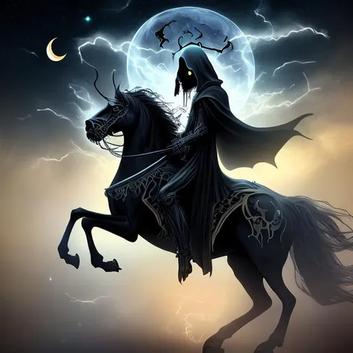 Prompt: grim reaper riding on a black horse in the night sky. white and gold colors