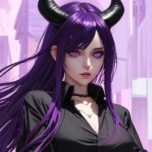 Prompt: illustration art, front, modern fashion, epic Instagram, artstation, hyperdetailed, unreal engine, modern anime anime style, complementary colors, 8k, deviantart masterpiece, oil painting, heavy strokes, young woman, black demon horns, violet hair, purple eyes, smilling, crossing her arms, collared shirt, tight sleeve shirt