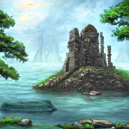 Prompt: ruins on an island in the middle of a lake in a fantasy art style