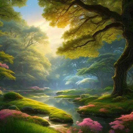 Prompt: An idyllic forest glen. The glen is illuminated by soft, ethereal light, with fireflies gently flickering around them. There is a magnificent, centuries-old oak tree adorned with delicate, glowing blossoms. Create a heartfelt, digital painting that beautifully this enchanting setting. Ensure the artwork maintains a sense of realism while capturing the magical ambiance and deep emotions of the moment.