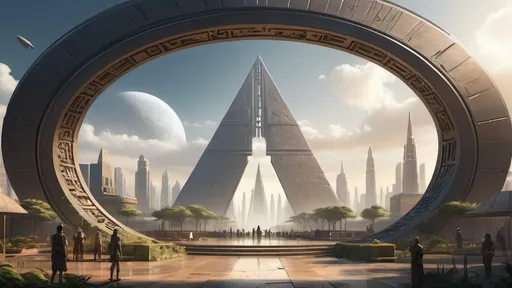 Prompt: human-scale circular portal, gateway between cities realms worlds kingdoms, ring standing on edge, freestanding ring, hieroglyphs on ring, complete ring, obelisks, pyramids, futuristic towers, garden plaza, large wide-open city plaza, off-center composition, wide vista view, futuristic cyberpunk dystopian setting