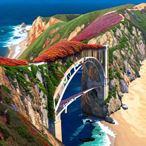 Prompt: A hyperdetailed digital landscape of the Bixby Bridge, with flowers and vines, cracks, crumbling, Big Sur, after man, realistic, Bixby Bridge 