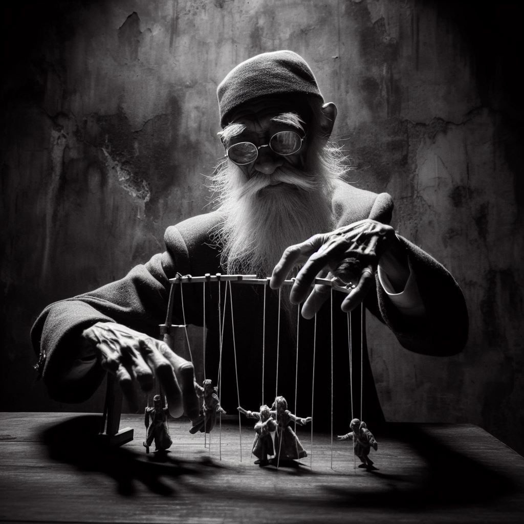 Prompt: black and white photo that capture the grand master puppet master doing his magic work