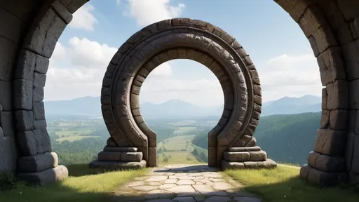 Prompt: circular portal, gateway between kingdoms, ring, ring standing on edge, freestanding ring, complete ring, panoramic view