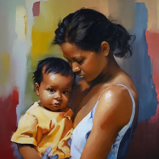 Prompt: woman and baby in oil paint