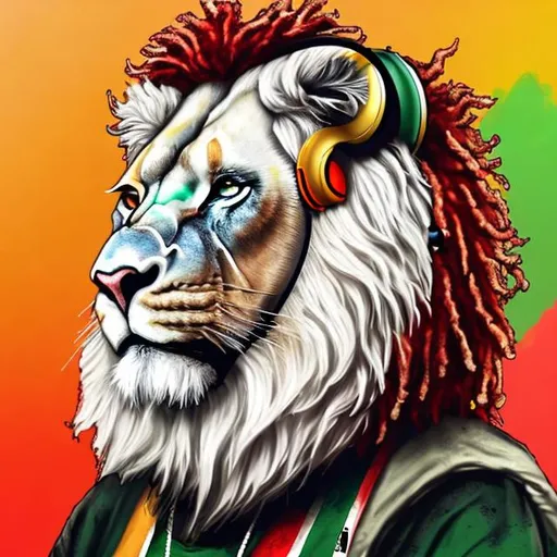 Prompt: A white lion, with dreadlocks colored, red green and black, with headphones, wearing a shirt 
