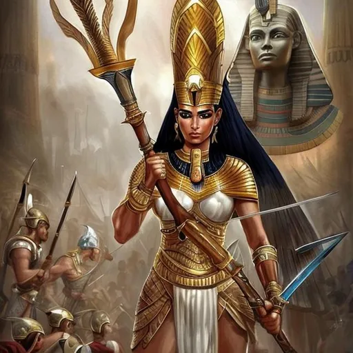 Prompt: Draw a beautiful picture of an Egyptian warrior Queen. in a battle with the enemies of Egypt. the queen caught her sward and made a very great victory in this war 
