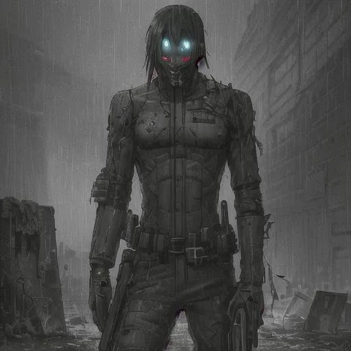 Prompt: Forgotten cyberpunk soldier on a war torn rainy battlefield.