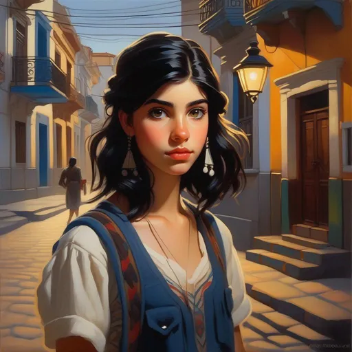 Prompt: Teenage Castizo girl, pale skin, black hair, dark brown eyes, in Montevideo, Uruguay, cartoony, cold atmosphere, extremely detailed painting by Greg Rutkowski and by Henry Justice Ford and by Steve Henderson