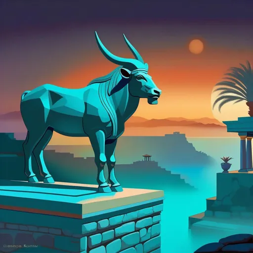 Prompt: Knossos Palace at night, bronze age, minotaur, fog, cold teal atmosphere, cartoony style, extremely detailed painting by Greg Rutkowski and by Henry Justice Ford and by Steve Henderson 

