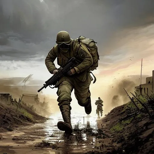 Prompt: Soldier in trench, mud, holding rifle,   battle in the background, artillery, running, gas mask, futuristic, hyper realistic, bayonet