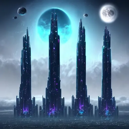 Prompt: Futuristic Tall black towers on deep dark ocean dark sky spaceships night lights hover ships dark tall city lots and lots of small floating ships hovering above clouds big planet with rings closeby spaceships hovering super tall mega skyscraper