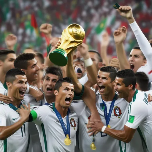 Prompt: make Cristiano Ronaldo
  win a world cup and celebrate with the Portuguese  boys soccer national team holding the fifa world cup trophy









