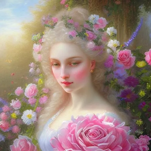 Prompt: Digital art painting of a ethereal, beautiful, fanciful, magical flower fairy with lovely, soft, long blonde hair seated on the edge of a pink rose petal, on a pink rose, in an old fashioned English garden with white picket fence, very ultra ultra detailed in the style of Bouguereau