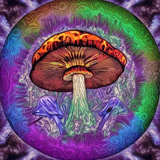 Prompt: spiritual mushrooms kaleidoscope 3rd eye chakra mycelium

