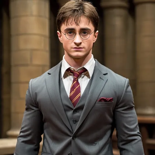 Prompt: Harry Potter from Harry Potter/ shows a Full Body from Head to Toe/ Built-Bodybuilder, Ripped, Athletic, Toned, and Muscular body shape/ Round Muscular Built broad-wide shoulders, large muscular Long Legs, and Arms/ Muscular Toned Defined Eight-pack abs/ dressed in a Sliver Three-Piece Suit