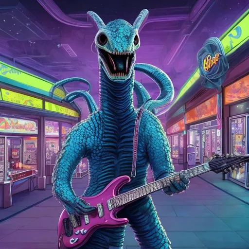 Prompt: Titanoboa playing a double-necked Guitar for spare change in a busy alien mall, widescreen, infinity vanishing point, galaxy background, surprise easter egg