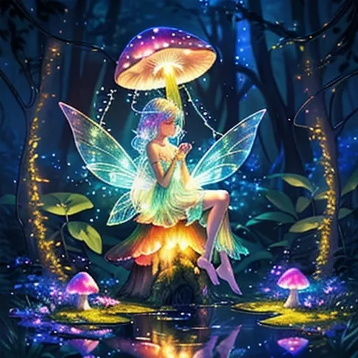 Prompt: "A magical fairy glowing with soft, radiant light, sitting on a large mushroom in an enchanted forest. The forest is filled with sparkling fireflies, glowing flowers, and vines hanging from ancient trees. The fairy has delicate, translucent wings that shimmer with rainbow hues, wearing a dress made of petals and leaves. A stream flows gently nearby, reflecting the moonlight, creating an ethereal atmosphere. The scene is full of mystery and wonder, with vibrant colors and intricate details."