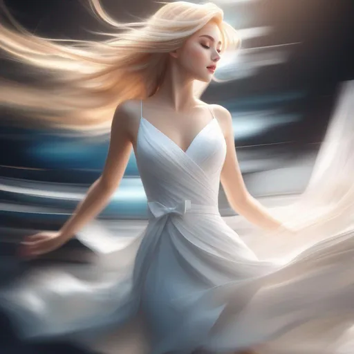 Prompt: 3d anime woman angelic blonde hair and white dress motion blur motion blur and beautiful pretty art 4k full HD