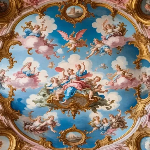 Prompt: A large rococo style ceiling fresco but all the people are frogs. The frogs are dressed in flowing fabrics and some have angel wings. It has beautiful blue and pink hues that make it feel dreamy and warm. The sky is blue the clouds are pink. 