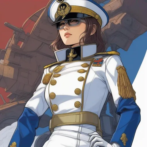 Prompt: Whole body. Full Figure, from distance. a Young Japanese woman in 20th admiral uniform. Union blue scifi uniform. Admiral uniform. Cute. she wears googles. Akira art. Anime art. Captain Harlock art. Leiji Matsumoto art. 2d art. 2d. well draw face. detailed.