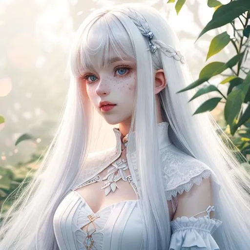 Prompt: intricately detailed, volumetric lighting, complementary colors, digital illustration, ethereal features, hip length long white hair, choppy bangs, anime hair, pale skin, freckles, female, beautiful, lovely, attractive, cute, vibrant blue eyes, dainty nose, soft cheeks, full lips, well defined jawline, revealing outfit, 3/4 view, semi-realistic, 8k resolution, emotionless, fearsome look, vibrant colors, earrings, anime