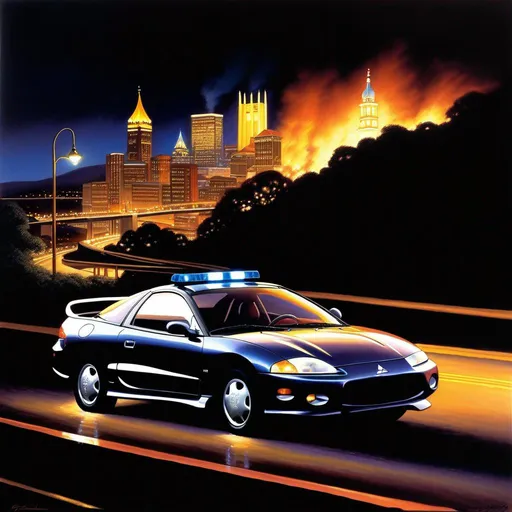 Prompt: Mitsubishi Eclipse GSX 1998, car chase, cops, Pittsburgh at night, warm atmosphere, extremely detailed painting by Greg Rutkowski and by Henry Justice Ford and by Steve Henderson.