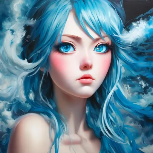Prompt: 3d anime woman with blue hair and blue light blue eyes in the style of oil painting
