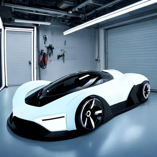 Prompt: A car in a white garage. The car is a sportscar and looks like its from the movie Tron