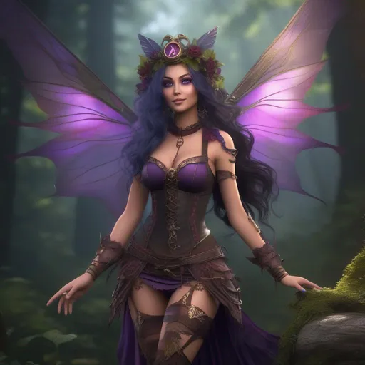 Prompt: ((Epic)). ((Cinematic)). Shes a colorful, Steam Punk, gothic, witch. ((distinct)) Winged fairy, with a skimpy, ((colorful)), gossamer, flowing outfit, standing in a forest by a village. ((Wide angle)). Detailed Illustration. ((4k)), 8k.  Full body in shot. Hyper real painting. Photo-real. A ((beautiful)), very shapely woman with ((anatomically correct hands)), and ((vivid)) colorful, ((bright)) eyes. A ((pristine))  Halloween night. (Concept style art). 