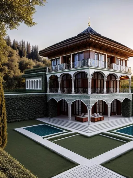 Prompt: Please create the artistic image of Abkhazia as a very beautiful country by designing high-detailed and  high-end architecture masterpiece of Abkhazian living house and buildings following all the main principles of architecture: axis, symmetry, hierarchy, datum, rhythm, isometry and proportions. Use UHD engine 5, Octane 3D, high resolution 256 K, HDR, fit in frame, reflective, harmony, balance. Apply stunning background to the image composition: Caucasus Mountains range, biologically flawless palm trees and the coast of the Black Sea.