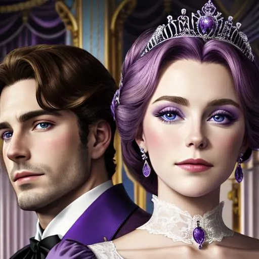 Prompt: European prince and princess wearing purple, facial closeup