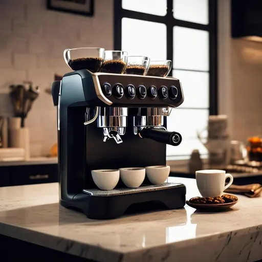 Prompt: Espresso Machine on a counter top at night. 4k